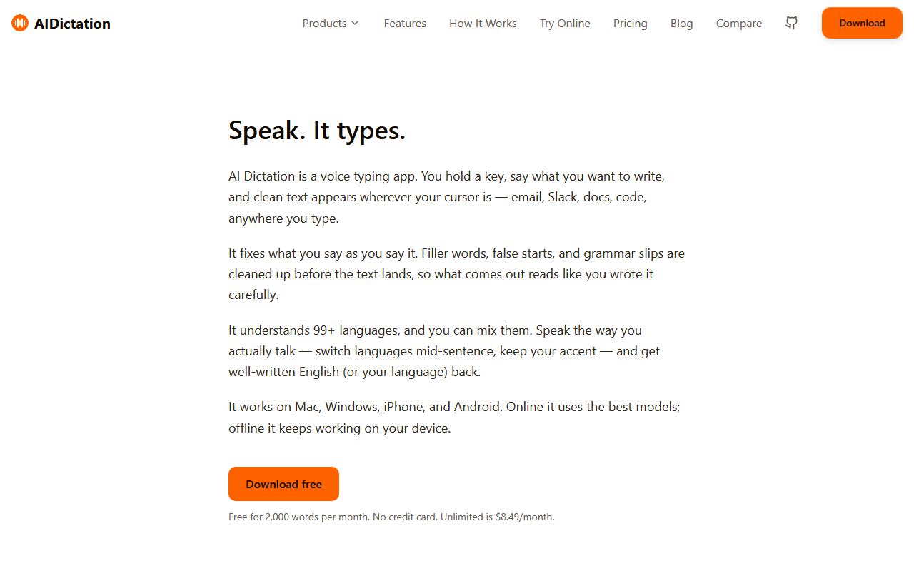 Screenshot of AI Dictation official website
