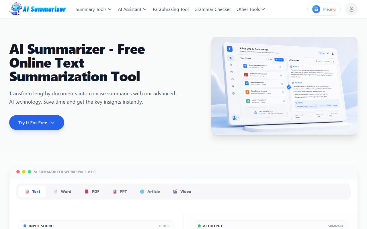 Screenshot of AISummarizer official website