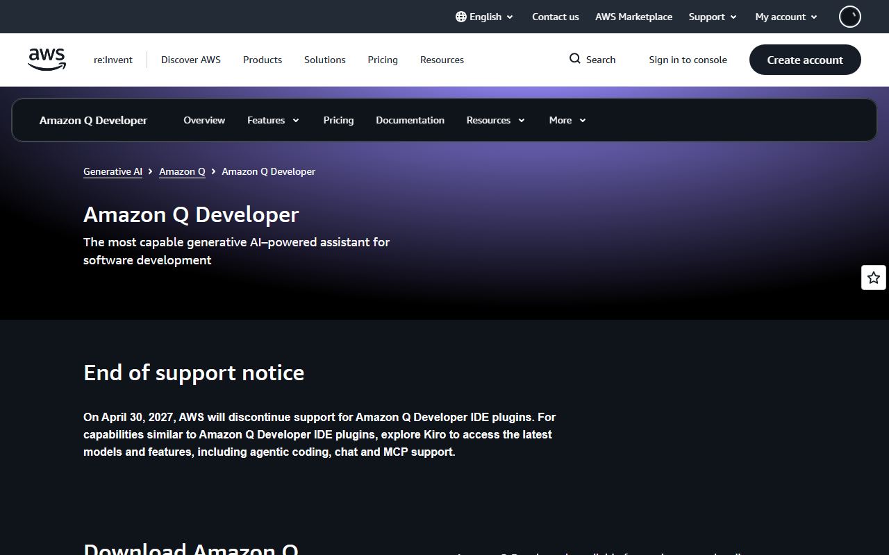 Screenshot of Amazon Q Developer official website