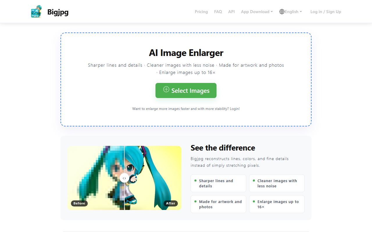 Screenshot of Bigjpg official website
