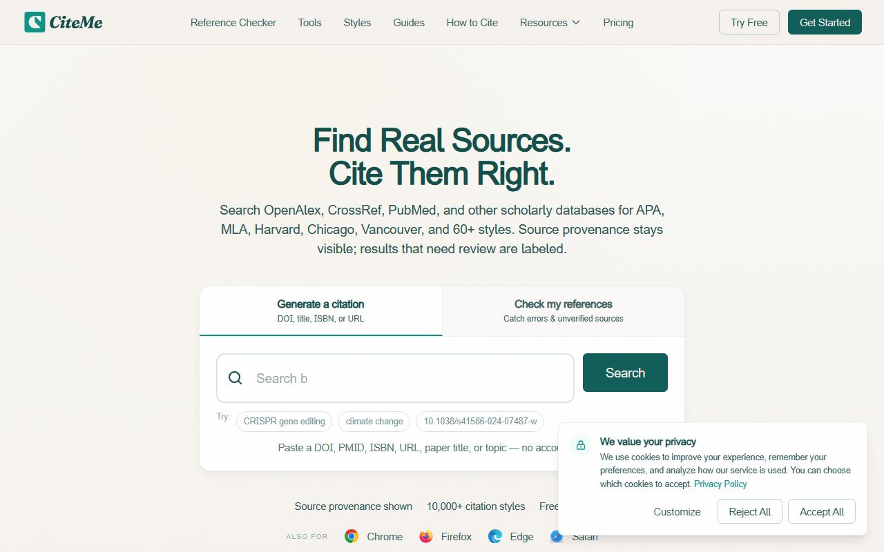 Screenshot of CiteMe official website