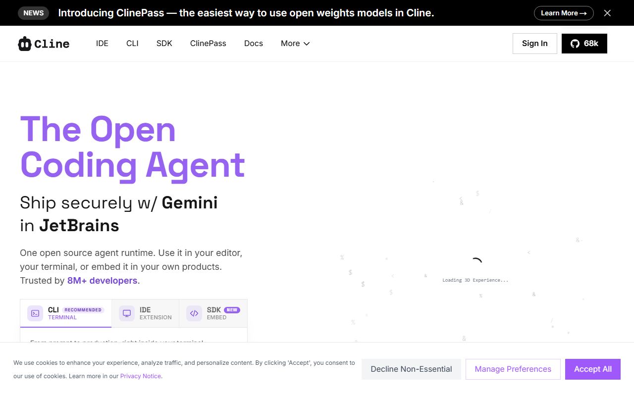 Screenshot of Cline official website