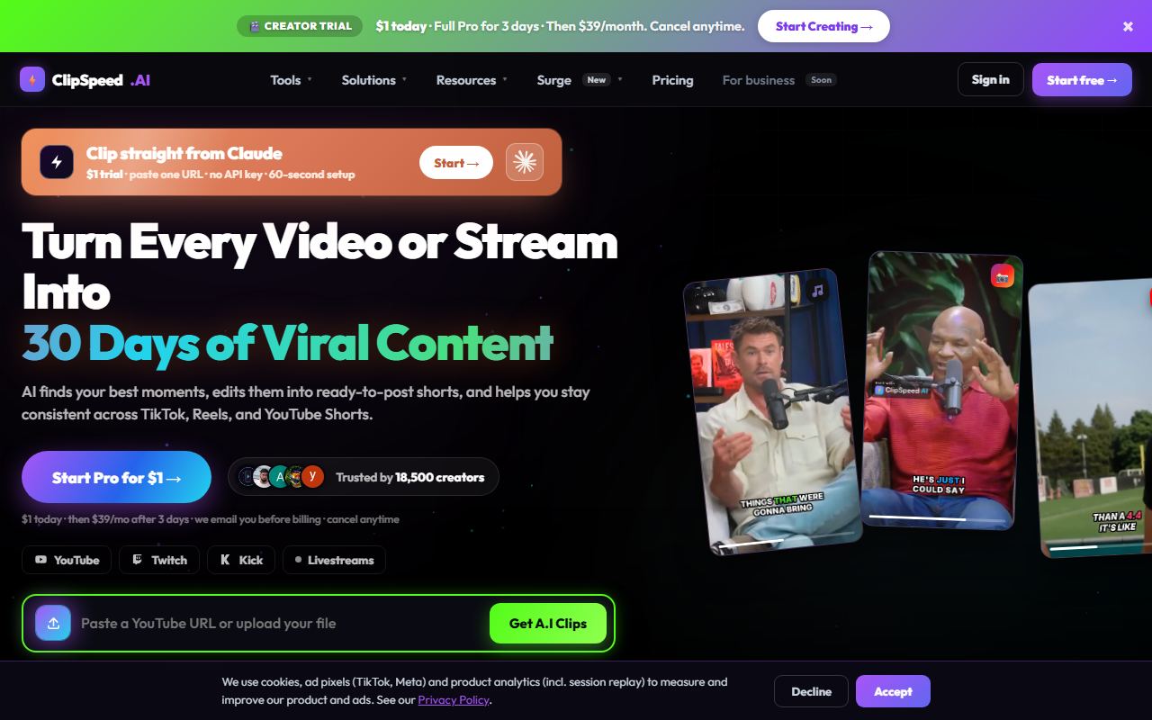 Screenshot of ClipSpeedAI official website