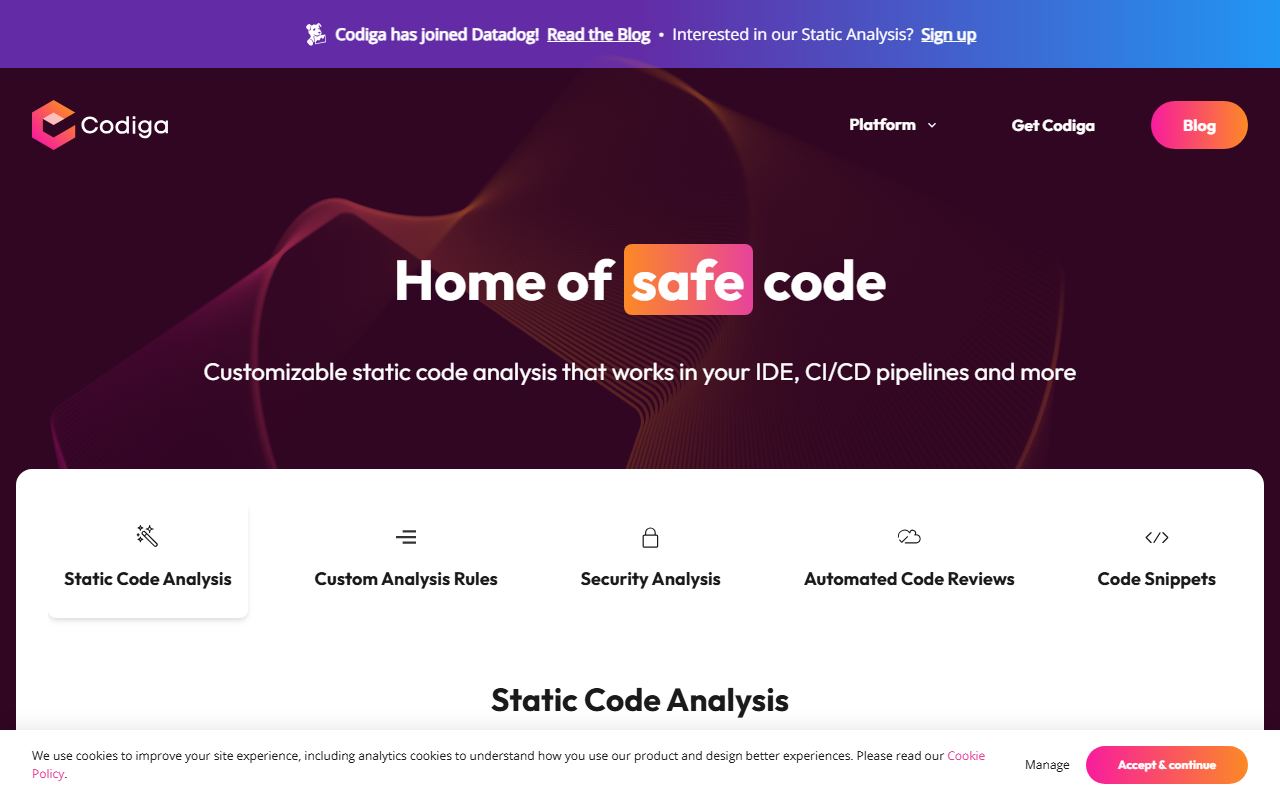 Screenshot of Codiga official website