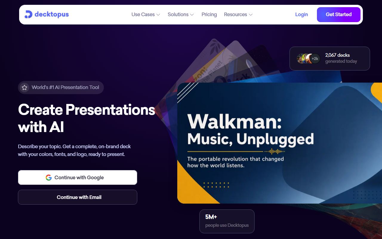 Screenshot of Decktopus AI official website