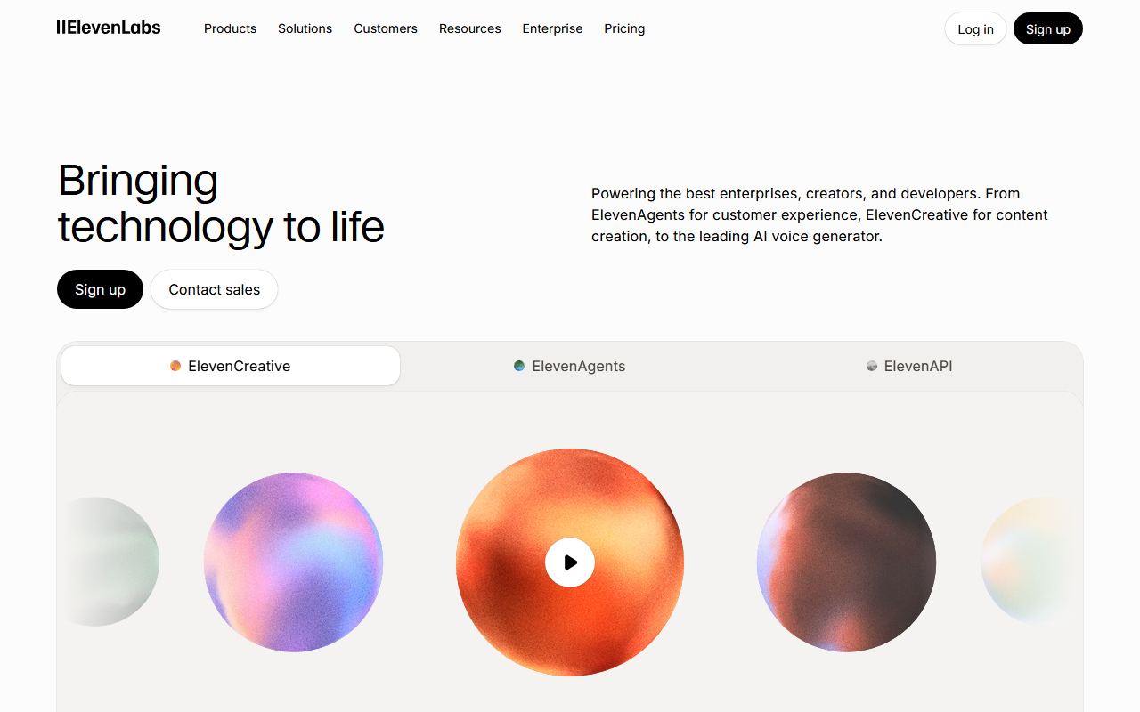 Screenshot of ElevenLabs official website
