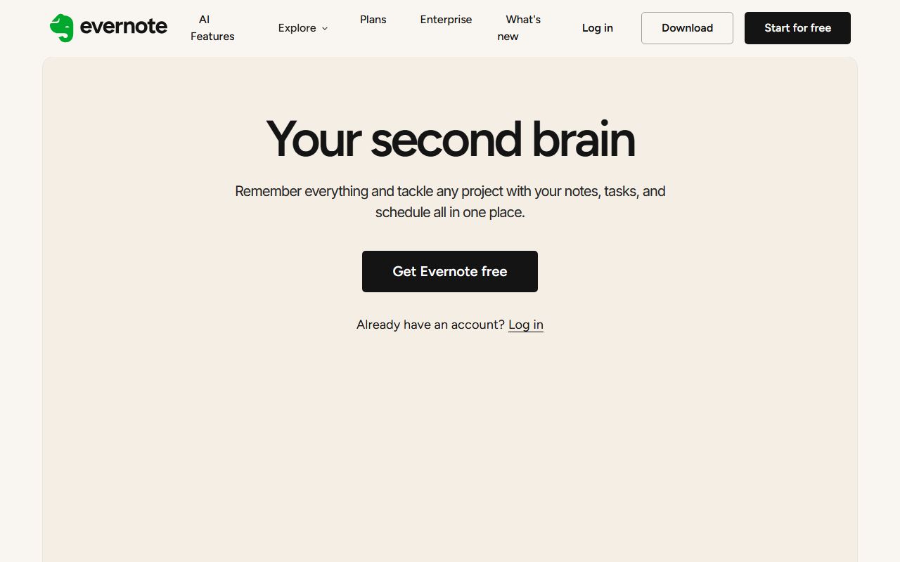 Screenshot of Evernote AI official website
