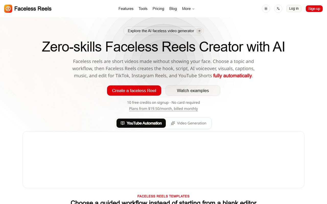 Screenshot of Faceless Reels official website