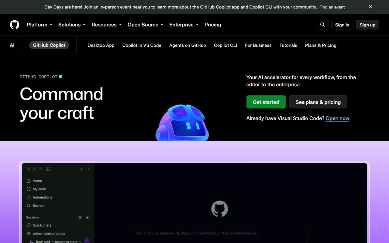 Screenshot of GitHub Copilot official website