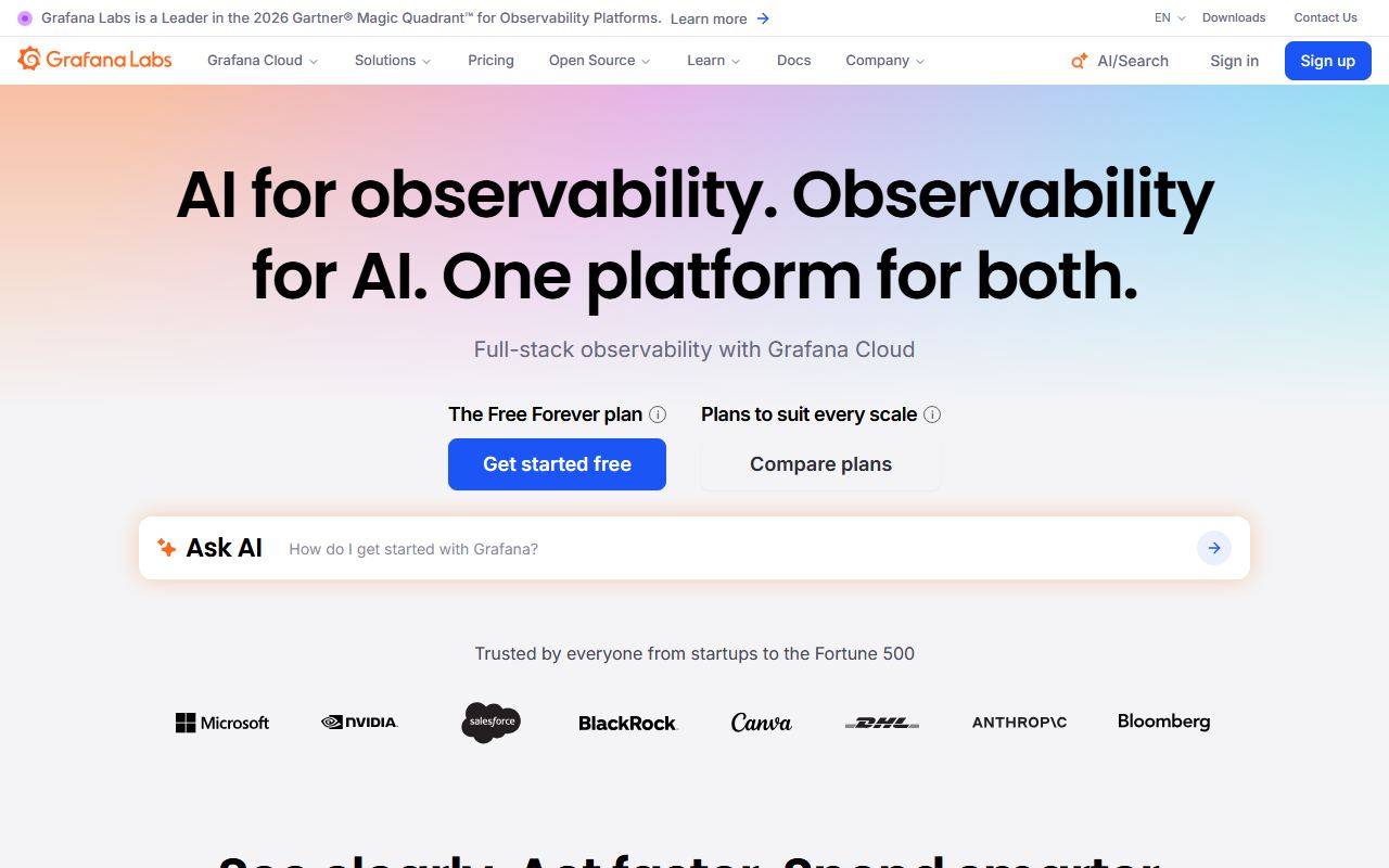 Screenshot of Grafana official website