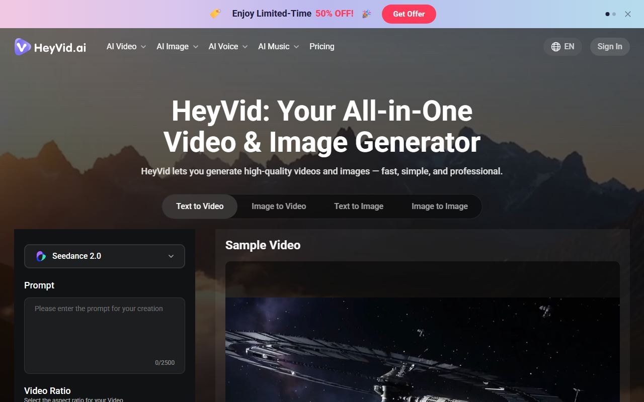 Screenshot of HeyVid official website