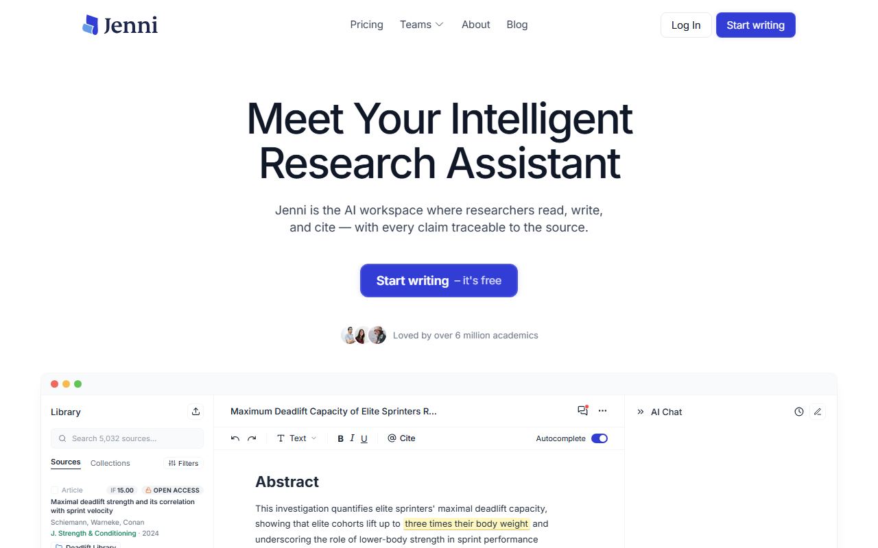Screenshot of Jenni.ai official website