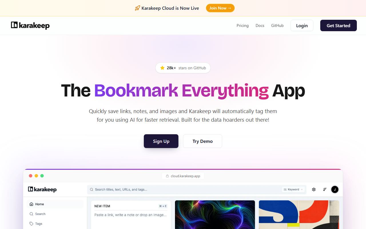 Screenshot of Karakeep official website