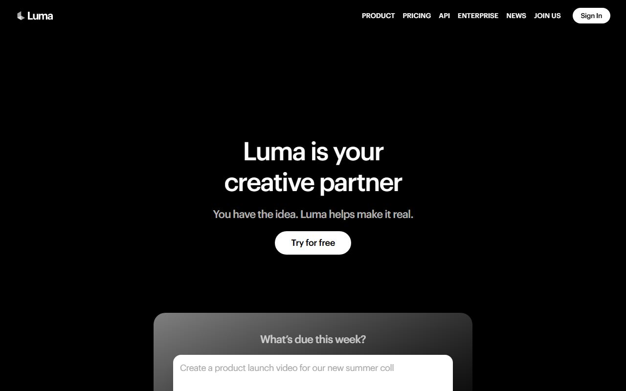 Screenshot of Luma AI official website