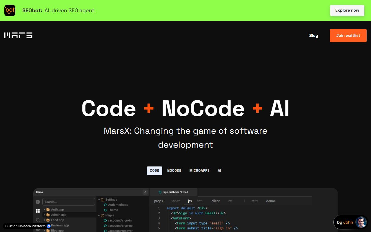 Screenshot of MarsX official website