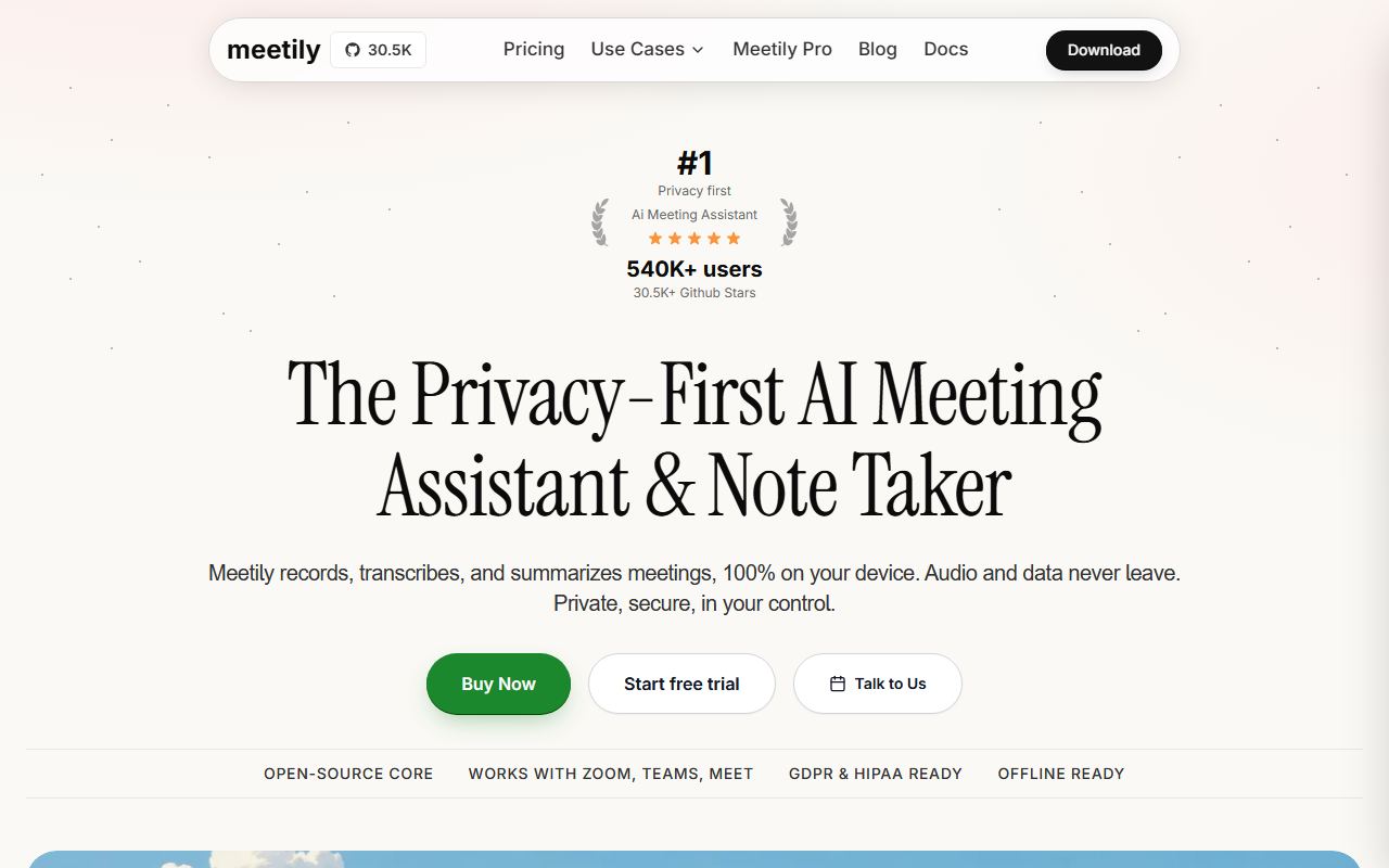 Screenshot of Meetily official website