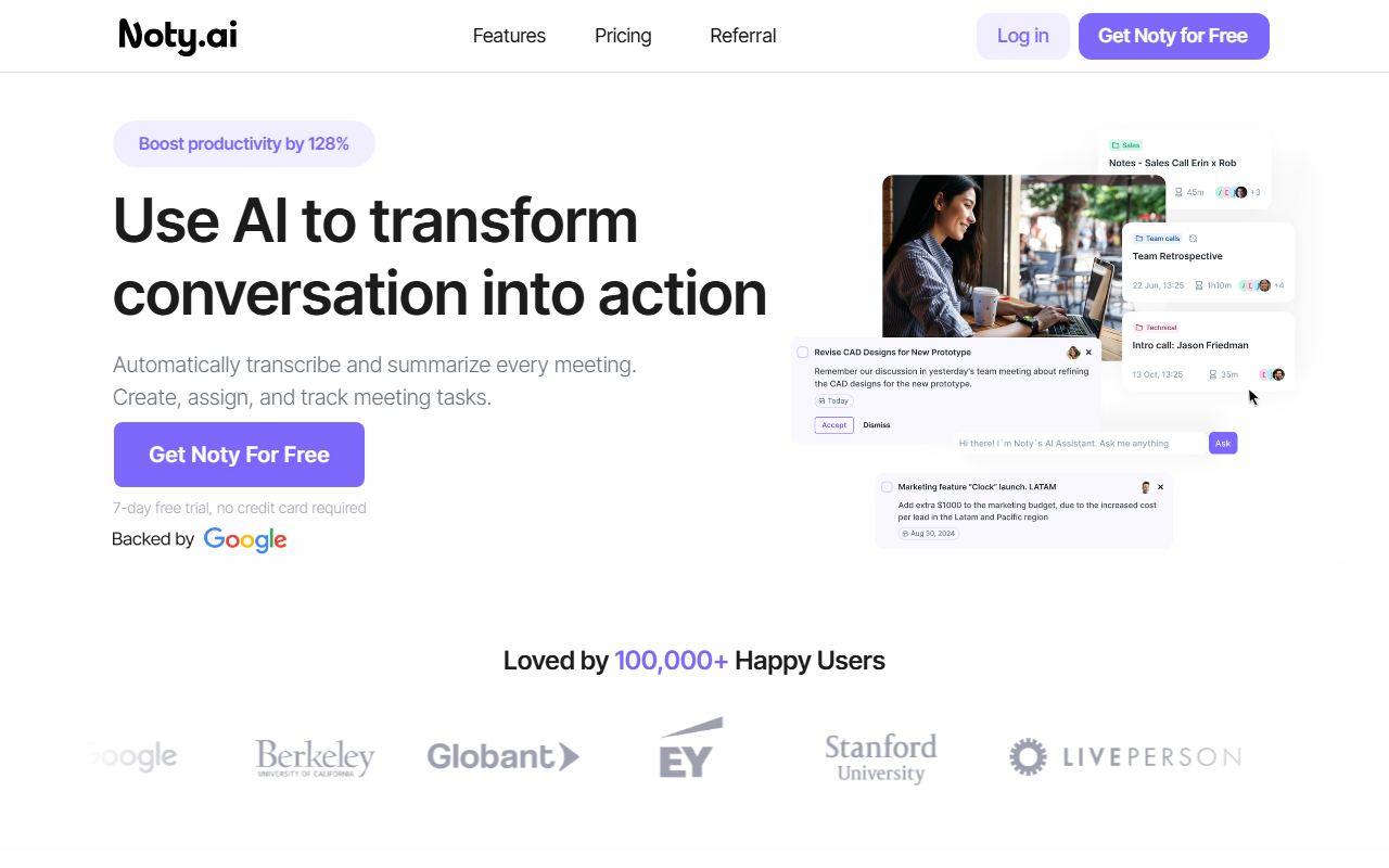Screenshot of Noty.ai official website