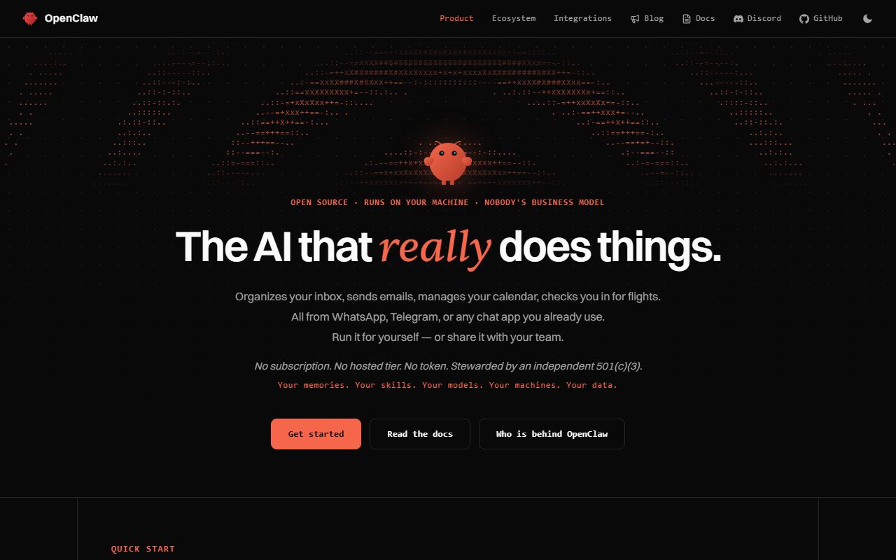 Screenshot of OpenClaw official website