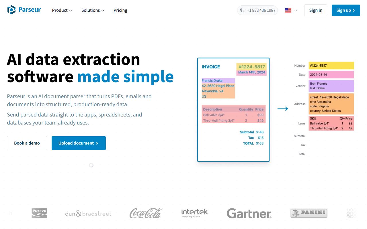 Screenshot of Parseur official website