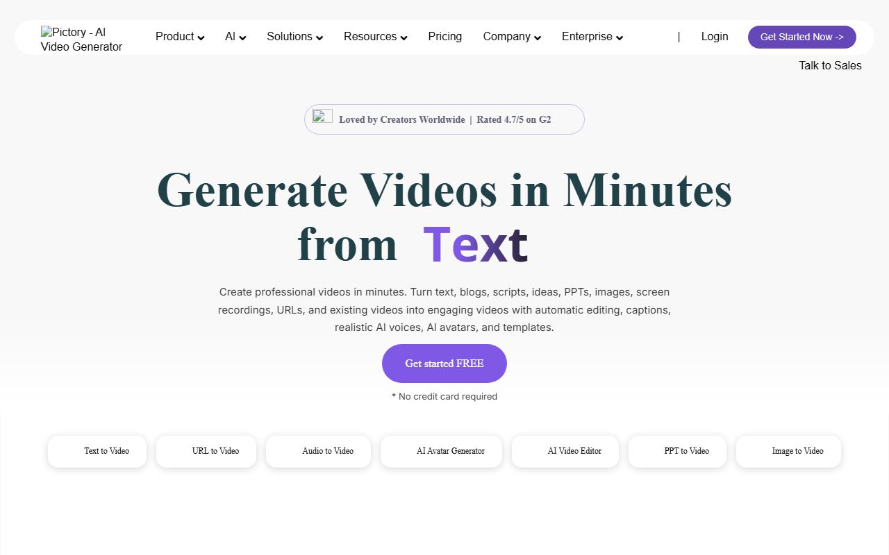 Screenshot of Pictory AI official website