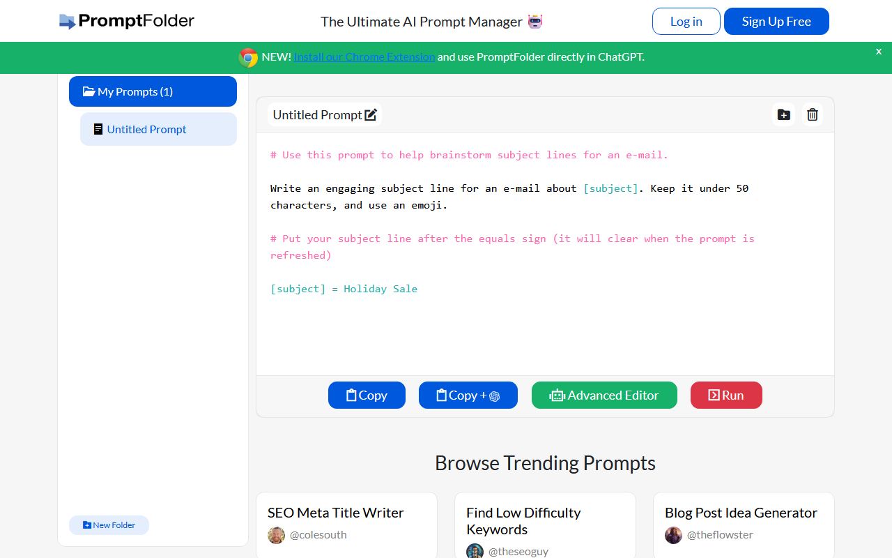 Screenshot of PromptFolder official website