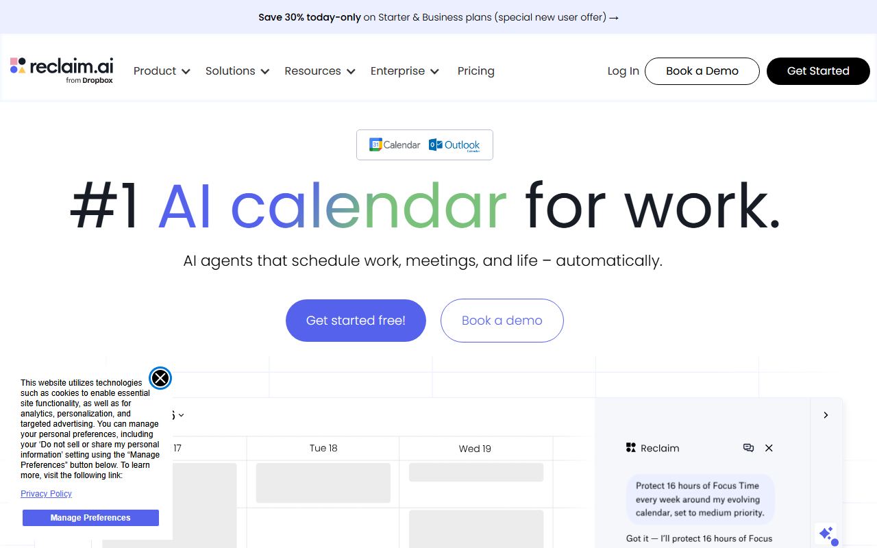 Screenshot of Reclaim.ai official website