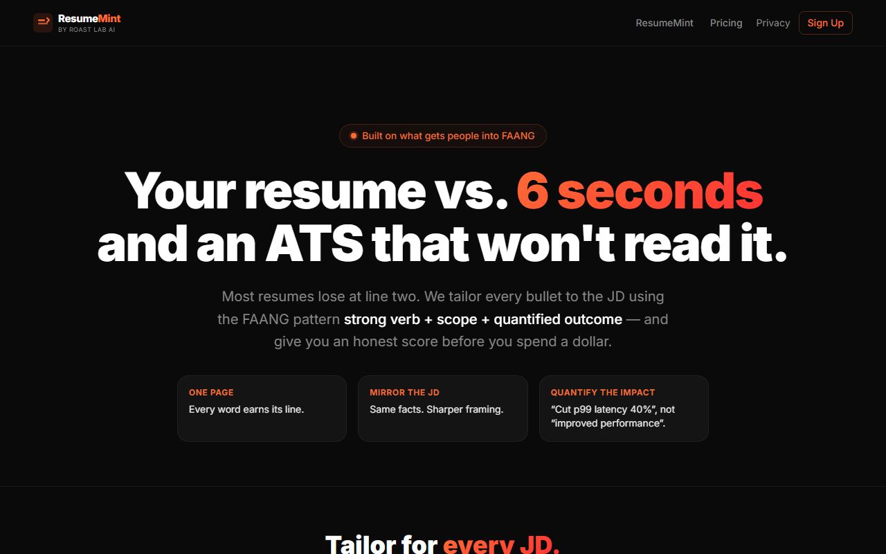 Screenshot of Resume Roaster official website