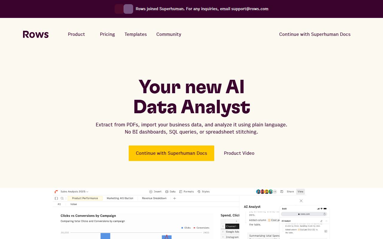 Screenshot of Rows official website