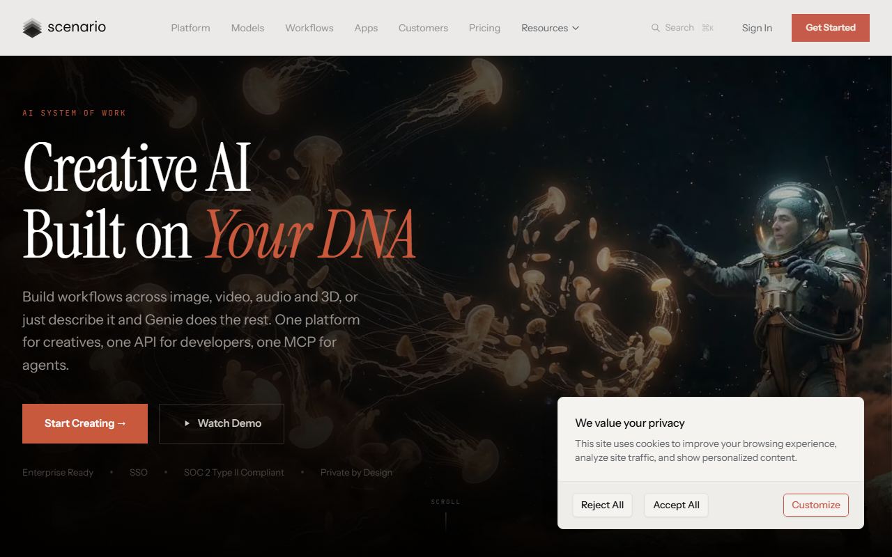 Screenshot of Scenario official website