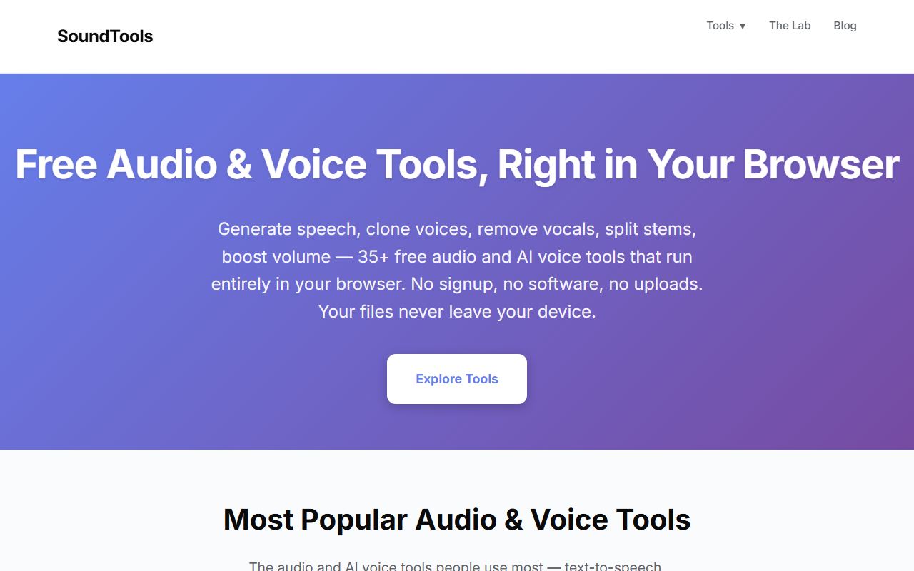 Screenshot of SoundTools official website