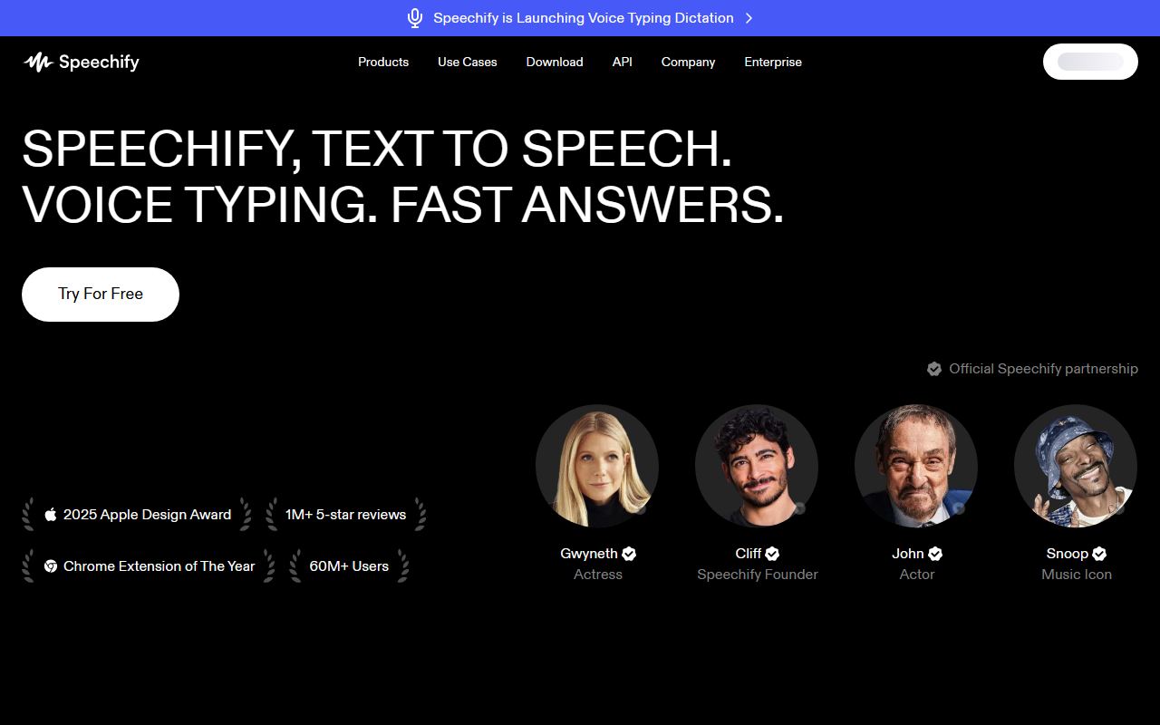 Screenshot of Speechify official website