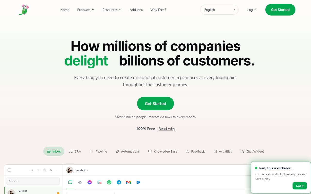 Screenshot of Tawk.to official website