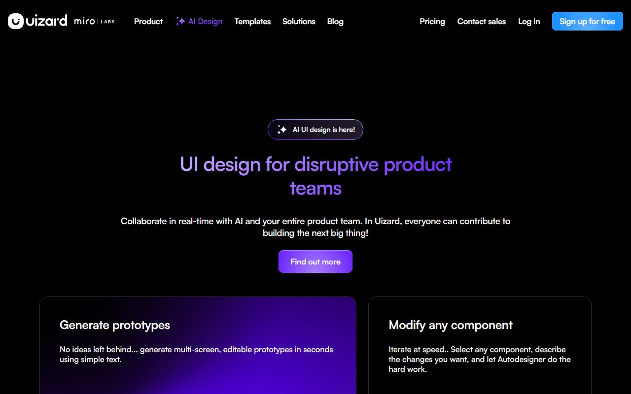 Screenshot of Uizard official website