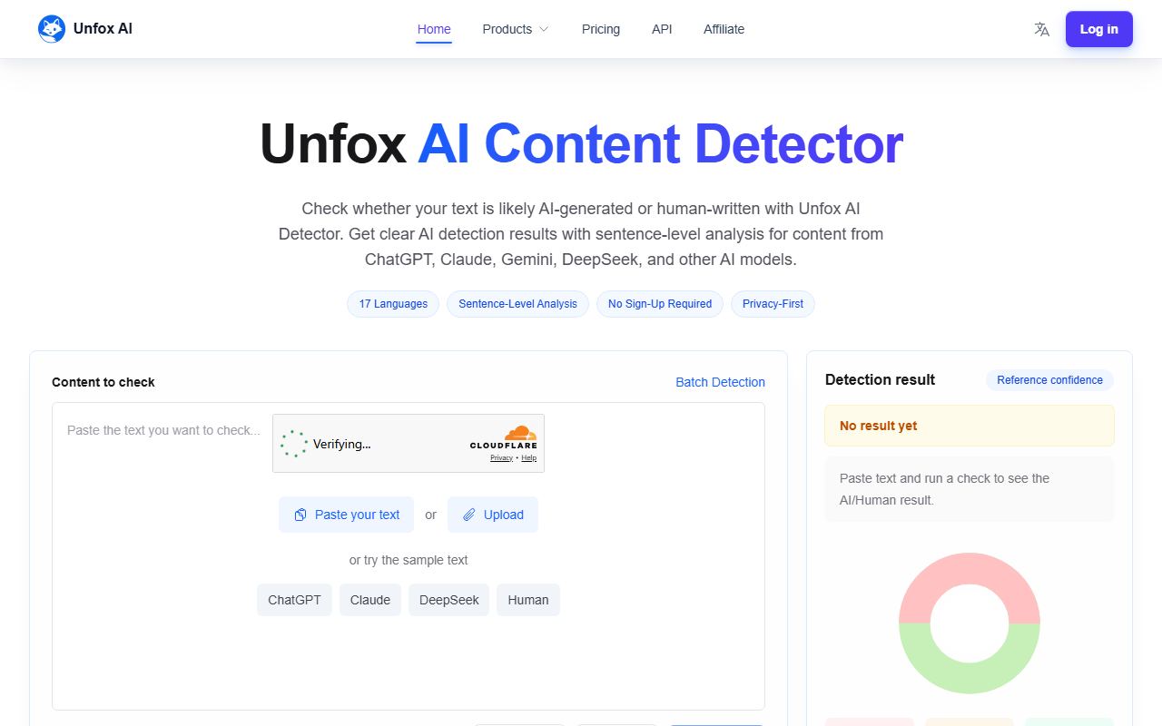 Screenshot of Unfox AI official website