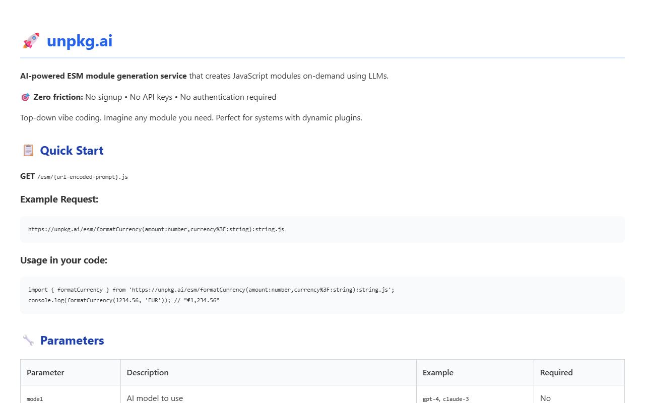 Screenshot of unpkg.ai official website