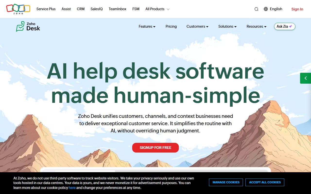 Screenshot of Zoho Desk official website